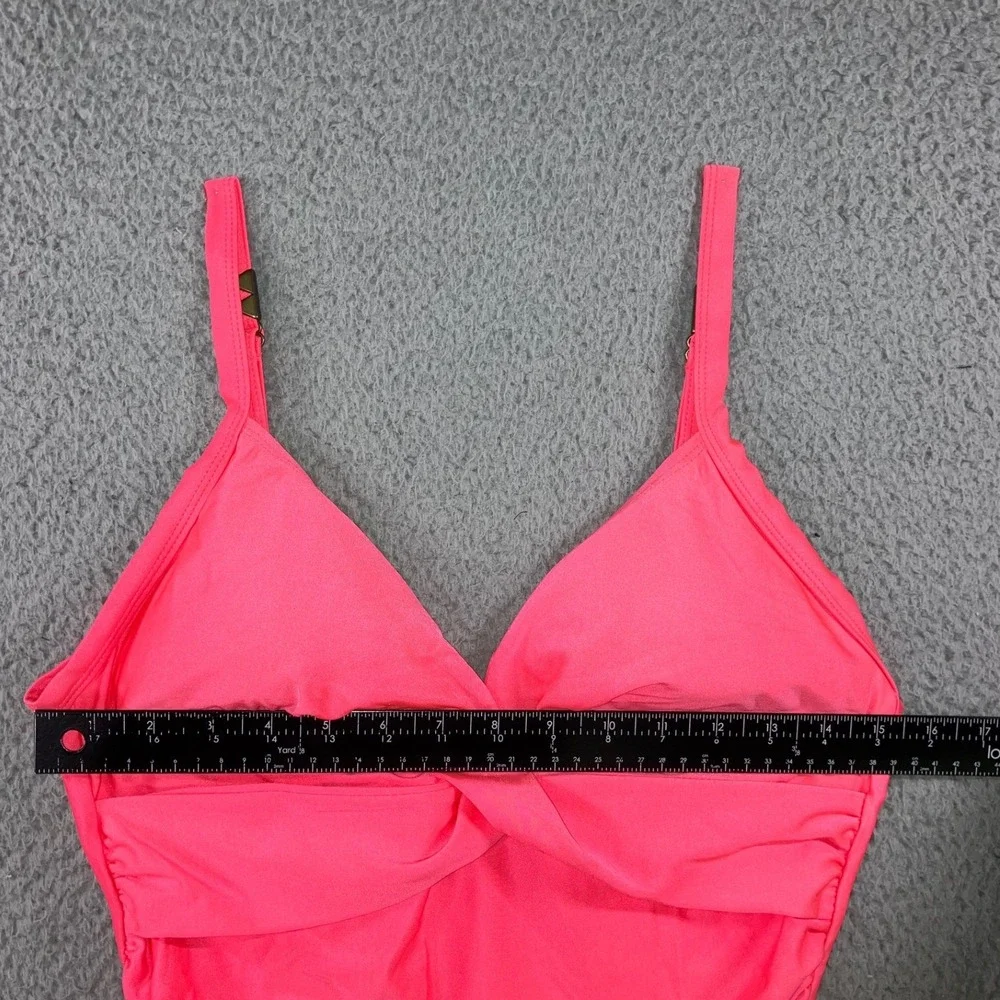 One Piece Swimsuit Women Large Neon Hot Pink Ruched V-Neck Twist Beach Poolside‎
